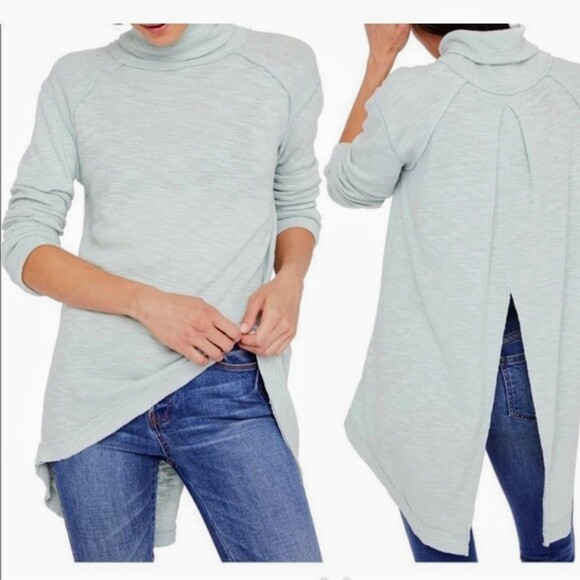 We the Free People Split Back Turtleneck Funnel Neck Split Back Tunic Top Blue M - Picture 1 of 15